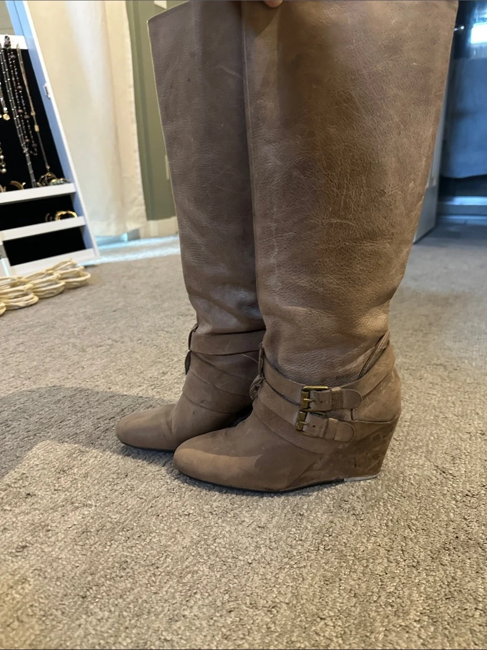 Women's Tan Knee-High Buckle Boots
